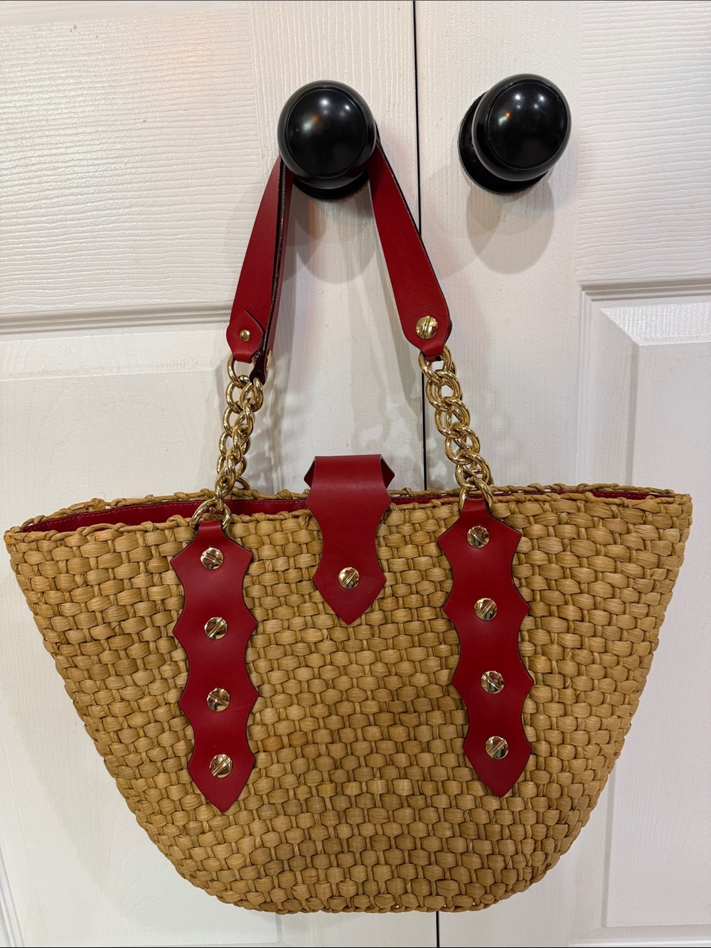 Michael Kors Santorini Straw Corn Husk Leather Trim/Turn Lock Tote Shoulder Bag - Picture 3 of 7